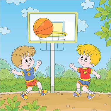 Yaz tatillerinde yeşil bir parkta büyük bir turuncu topla basketbol oynayan neşeli küçük çocuklar, vektör karikatür çizimleri.