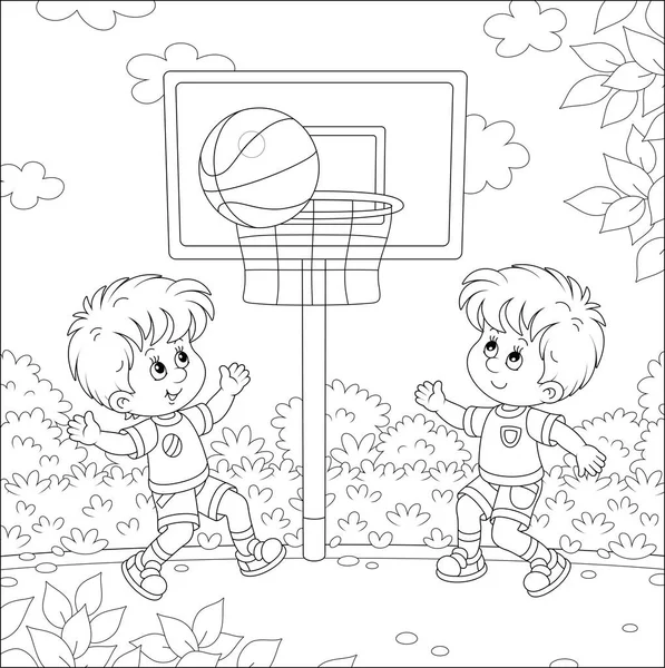 Cheerful Little Kids Playing Basketball Big Ball Sports Ground Park — Stock Vector