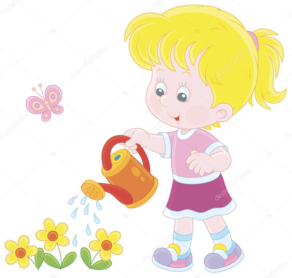 Happy little girl watering garden flowers on a small flowerbed on a warm summer day, vector cartoon illustration isolated on a white background