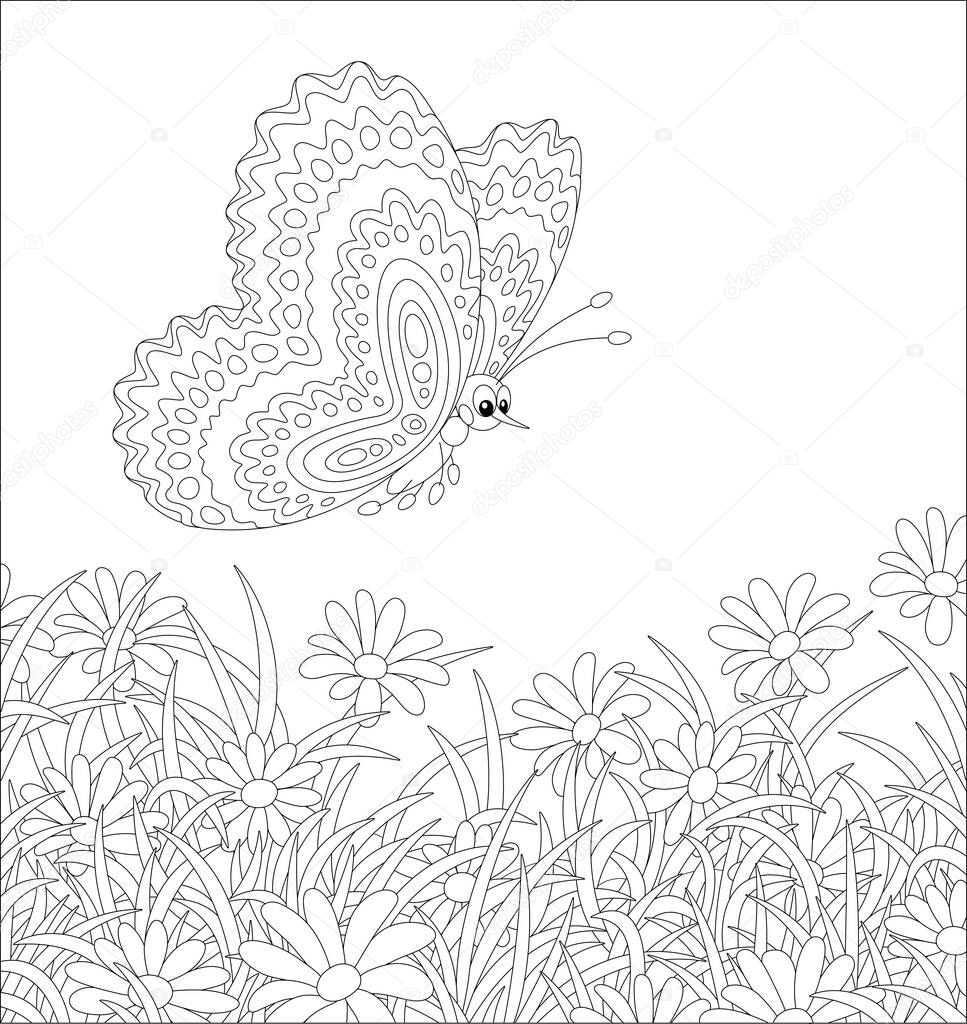 Ornate butterfly flying over beautiful wildflowers on a pretty summer field, black and white outline vector cartoon illustration for a coloring book page