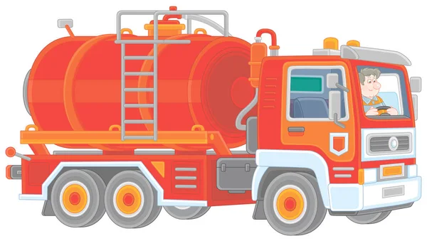 Красный Игрушечный Бензиновый Автоцистерна Забавным Водителем Служебной Форме Векторная Иллюстрация — стоковый вектор