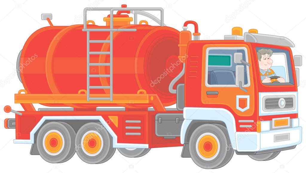 Red toy gasoline auto tanker with a funny driver in service uniform, vector cartoon illustration isolated on a white background