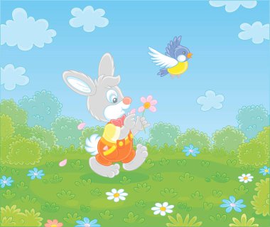 Küçük sevimli tavşancık papatyayı tahmin ediyor ve güzel sıcak bir günde çiçeklerle güzel bir yaz tarlasında yeşil çimlerde yürüyor, vektör karikatür çizimi