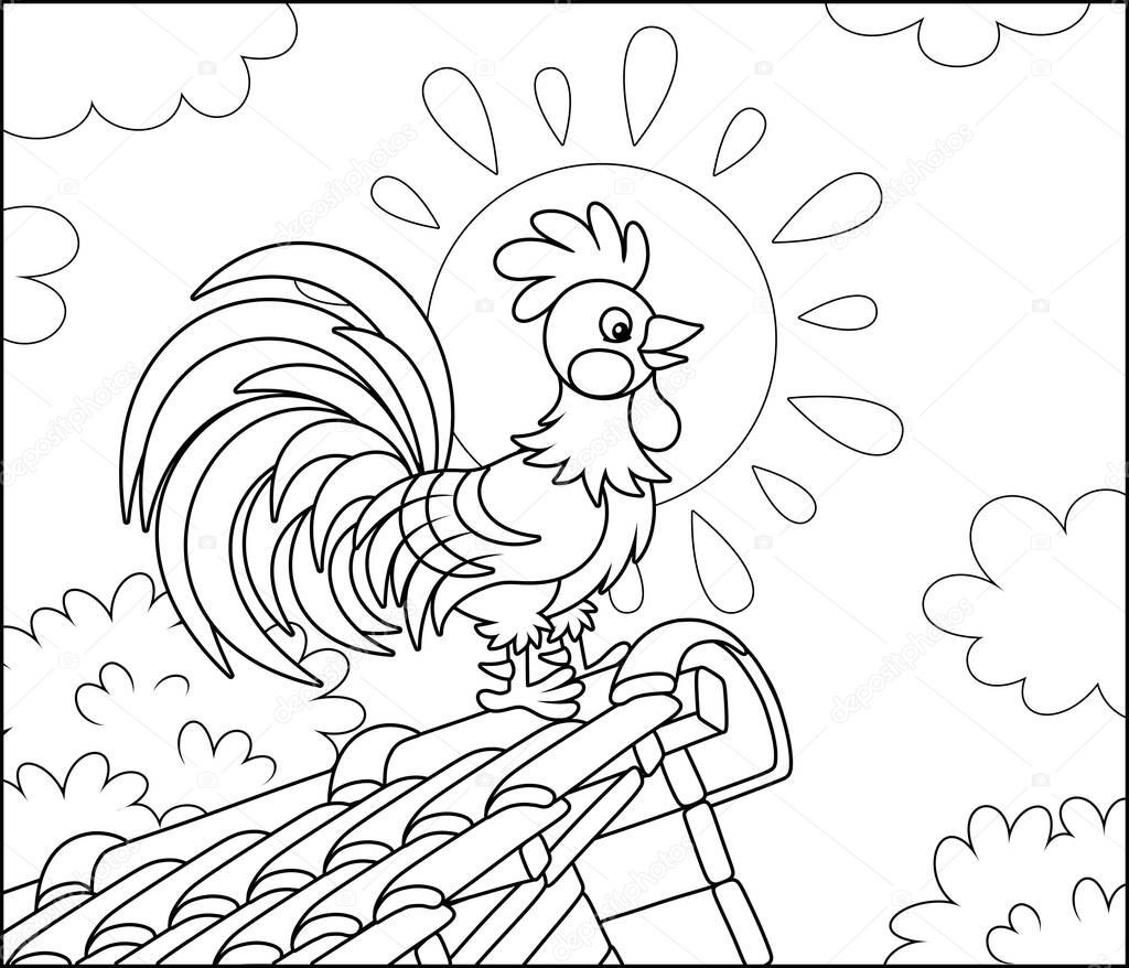 Rooster singing on a tile roof of an old village house on a warm summer morning, black and white outline vector cartoon illustration for a coloring book page