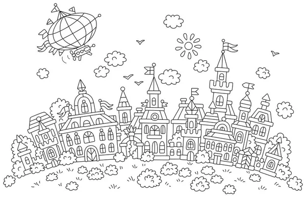 在阳光明媚的夏日 飞艇从童话般的小镇上飞过漂亮的房子 宫殿和塔楼 在彩色的书页上画着黑白的轮廓矢量卡通画 — 图库矢量图片