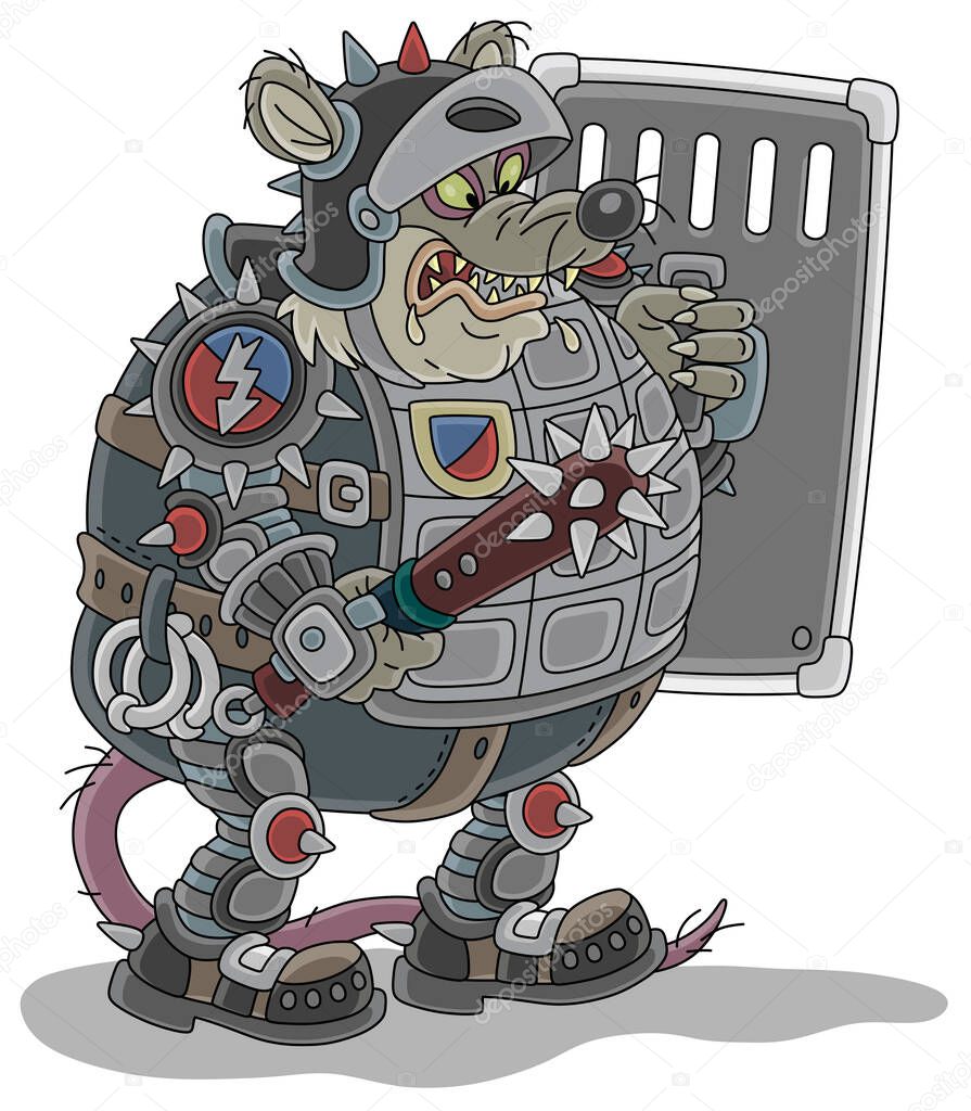 Spiteful fat rat guard in armor and a helmet, armed to the teeth, holding a spiked cudgel and a shield, preparing to attack, vector cartoon illustration isolated on a white background