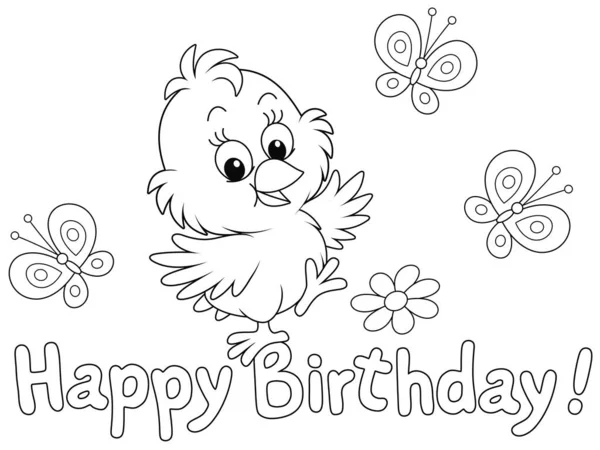 Birthday Card Happy Little Chick Dancing Merry Small Butterflies Flittering — Stock Vector