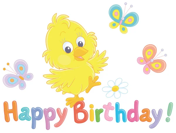 Birthday Card Happy Little Yellow Chick Dancing Colorful Butterflies Vector — Stock Vector