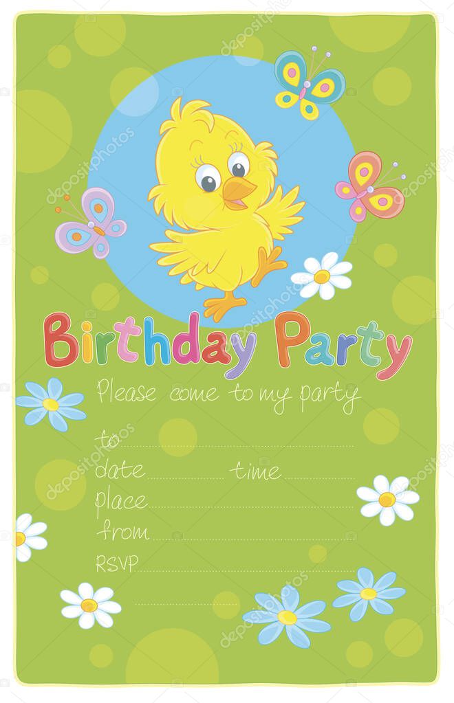 Invitation birthday party card with a happy little chick and merry colorful butterflies flittering over flowers on a pretty green lawn, vector cartoon illustration