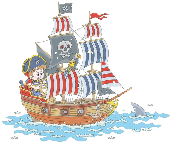 Niño Pirata Dirigiendo Barco Vela Juguete Con Armas Una Bandera — Vector de stock