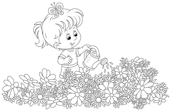 Happy Little Girl Watering Garden Flowers Small Flowerbed Summer Day — Stok Vektör