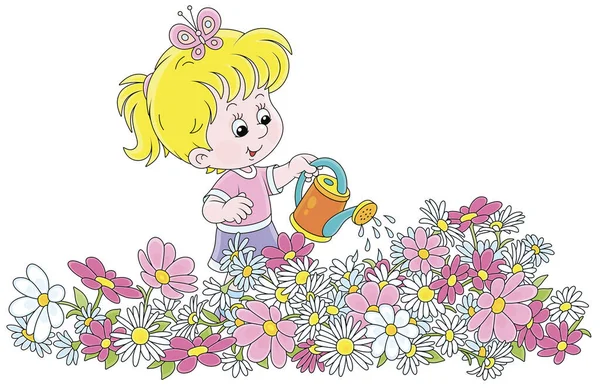 Happy Little Girl Watering Colorful Garden Flowers Pretty Small Flowerbed — Stock Vector