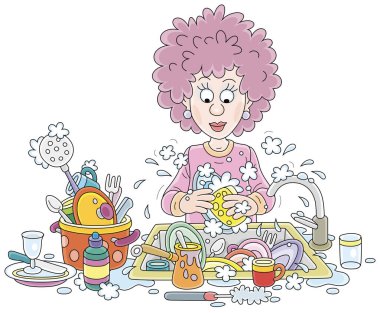 Everyday homework, a cute young woman washing dishes, pans, forks and spoons with liquid soap in her kitchen after dinner, vector cartoon illustration on a white background