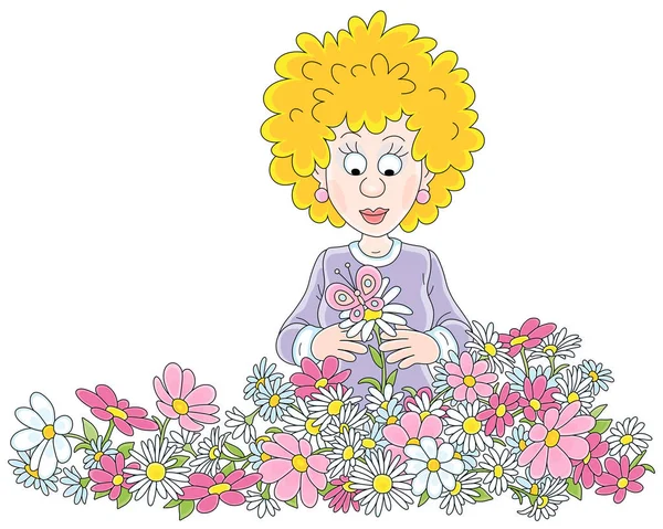 Glückliche Junge Frau Mit Bunten Blumen Und Einem Schönen Schmetterling — Stockvektor