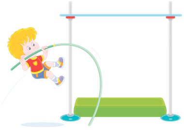 Cheerful little boy vaulting over a high bar with a long flexible pole at a competition on a stadium, vector cartoon illustration isolated on a white background