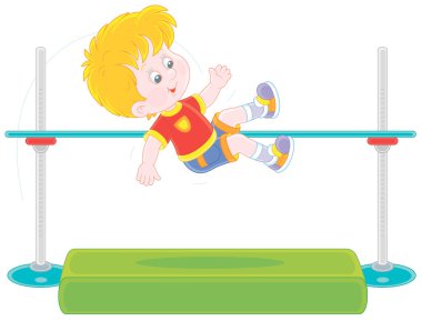 Cheerful little boy in high jump in midair over a bar at a competition on a sports ground, vector cartoon illustration isolated on a white background clipart