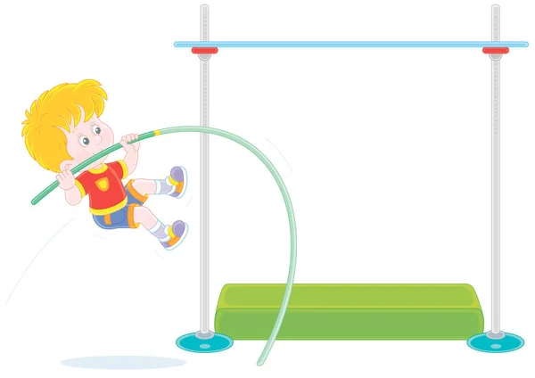Cheerful Little Boy Vaulting High Bar Long Flexible Pole Competition Royalty Free Stock Vektory