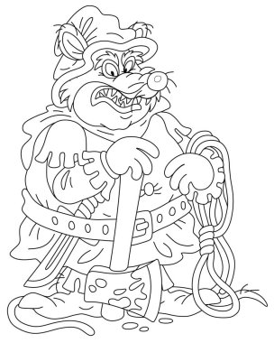 Balta ve penaltı için hazırlanan bir halatla kötü niyetli ve acımasız şişman fare celladı, boyama kitabı sayfası için siyah beyaz çizgili vektör çizimi