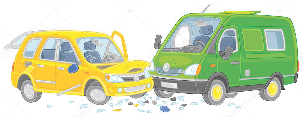 Traffic accident with a yellow car and a green lorry collided on a road, vector cartoon illustration isolated on a white background