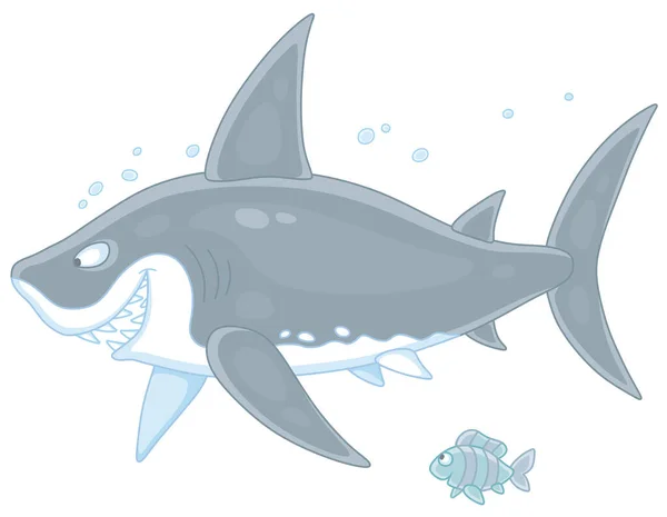 Vtipný Velký Bílý Žralok Lišácky Usmívá Plave Malou Pruhovanou Rybou — Stockový vektor