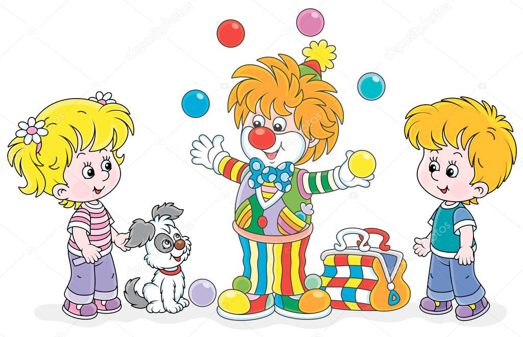 Friendly smiling circus clown showing trick and juggling with colorful balls for little kids and their small pup, vector cartoon illustration isolated on a white background