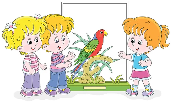 Niños Felices Caminando Jardín Zoológico Viendo Divertido Loro Tropical Con — Vector de stock