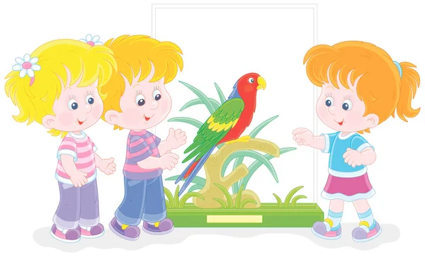 Happy Little Children Walking Zoological Garden Watching Funny Tropical Parrot — Stock Vector