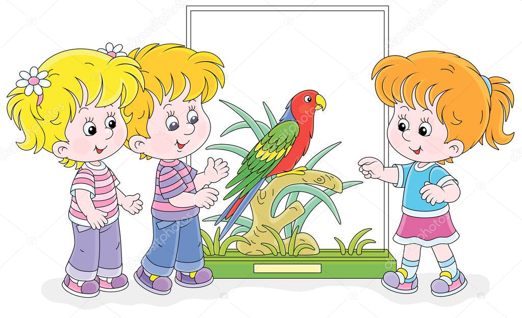 Happy little kids walking at a zoological garden and watching a funny tropical parrot with bright colorful plumage and a long tail, vector cartoon illustration isolated on white