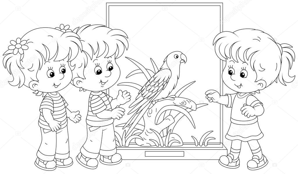 Happy little kids walking at a zoological garden and watching a funny tropical parrot with bright plumage and a long tail, black and white outline vector cartoon illustration for a coloring book