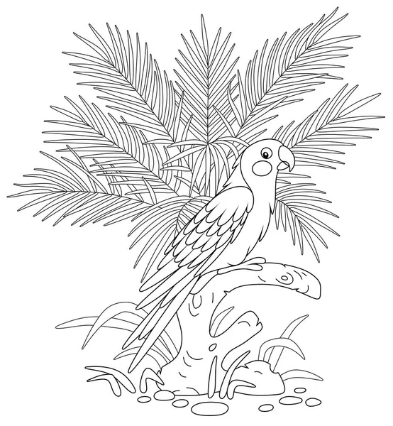 Amusing Exotic Parrot Long Tail Perched Tree Branch Palm Leaves — Stock vektor