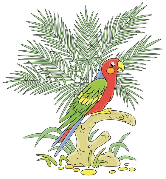 Amusing Colorful Long Tailed Parrot Perched Tree Branch Green Palm — Stockvector