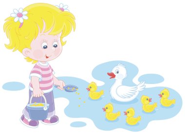 Küçük kız çiftçi elinde bir kova tahılla ayakta duruyor ve neşeli sarı ördek yavrularını ve küçük beyaz ördeği köydeki bir gölde besliyor.
