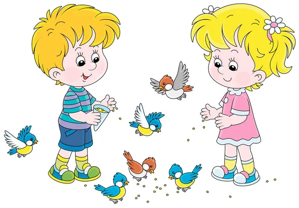 Mısırla beslenen mutlu küçük çocuklar beyaz arka planda izole edilmiş küçük bir grup neşeli serçe ve meme faresi, vektör karikatür çizimi