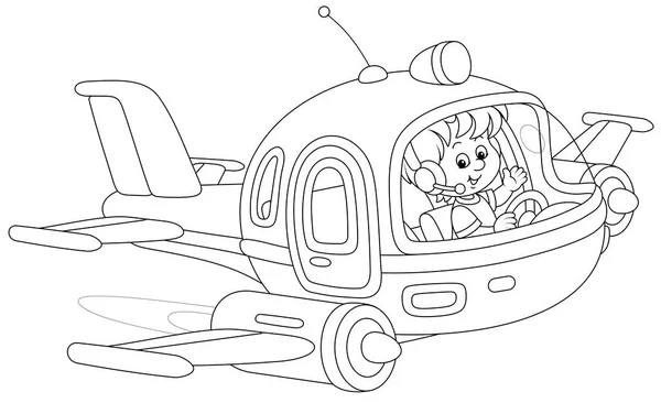 快乐的小男孩驾驶着一架玩具高速喷气式飞机在操场上驾驶 一个彩色书页上的黑白轮廓矢量卡通画 — 图库矢量图片