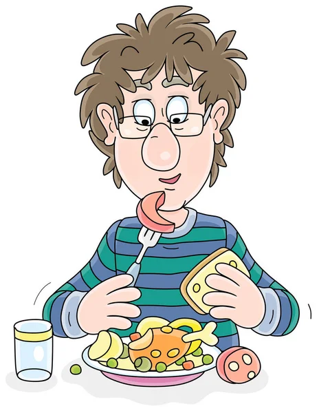 Divertido Joven Con Pelo Desaliñado Almorzando Mesa Ilustración Dibujos Animados — Vector de stock