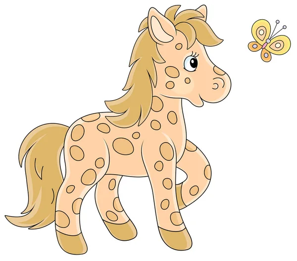 Spotted Cute Little Pony Playing Merry Flittering Butterfly Vector Cartoon ロイヤリティフリーのストックイラスト