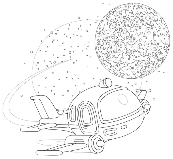 Toy Spaceship Flying Small Planet Space Flight Black White Outline — Stock Vector