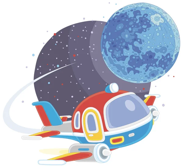 玩具五彩斑斓的宇宙飞船在空间飞行中环绕一个小星球飞行 白色背景上的矢量卡通画 — 图库矢量图片
