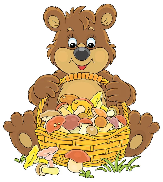 Little Brown Bear Mushroomer Friendly Smiling Sitting Big Wicker Basket — Stock Vector