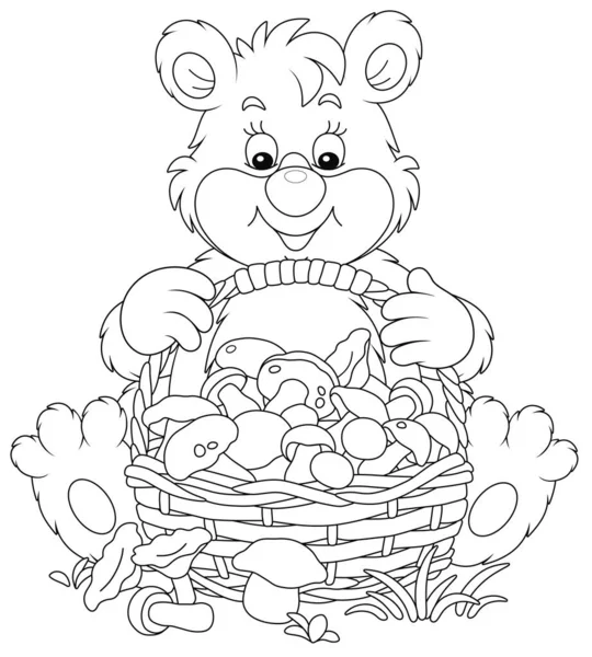 Little Bear Mushroomer Friendly Smiling Sitting Big Wicker Basket Full — Stock Vector