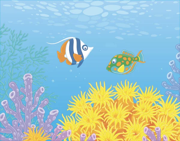 热带南部海域一个五彩斑斓的珊瑚礁中 在蓝色海水中游泳的奇异小鱼 病媒卡通画 — 图库矢量图片
