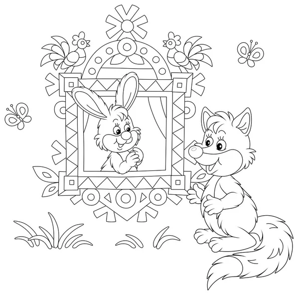 Sly Fox Talking Little Hare Looking Out Traditionally Decorated Window — Stock Vector