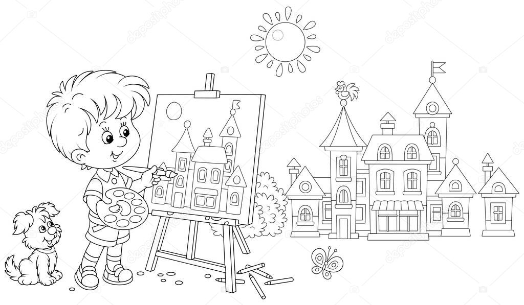 Little boy with his cheerful pup drawing in watercolors and pencils a pretty small town on a sunny summer day, black and white outline vector cartoon illustration for a coloring book page