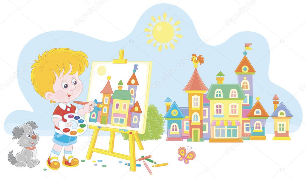 Little boy with his cheerful pup drawing in watercolors and color pencils a pretty small town on a sunny summer day, vector cartoon illustration isolated on a white background