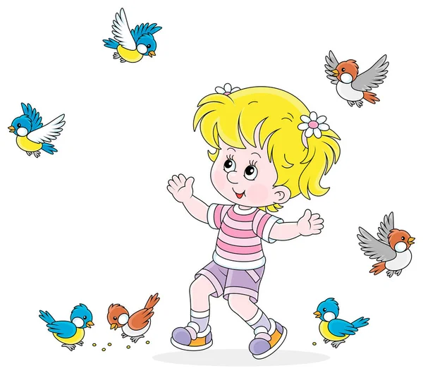 幸せな女の子遊びます楽しいです小さな群れのメリースズメとマウス ベクトル漫画イラスト上の白い背景に孤立 — ストックベクタ