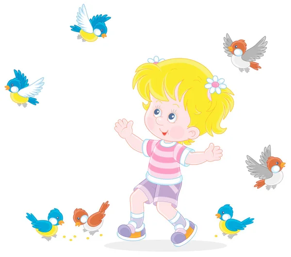 Niña Feliz Jugando Con Una Pequeña Bandada Gorriones Alegres Titmice — Vector de stock