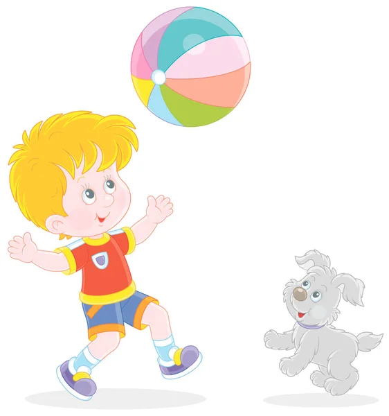 Feliz Niño Corriendo Jugando Una Gran Bola Colores Con Lindo — Vector de stock