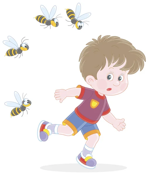 Afraid Little Boy Running Away Swarm Angry Wasps Flying Humming Royalty Free Stock Vectors