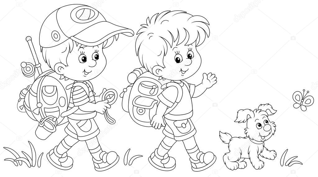 Cheerful little boys backpackers with a tourist compass and rucksacks, friendly smiling, talking and walking with their merry pup on summer vacation, black and white vector cartoon illustration