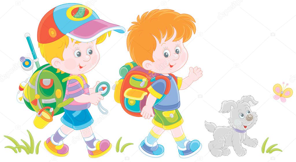 Cheerful little boys backpackers with a tourist compass and rucksacks, friendly smiling, talking and walking with their merry pup on summer vacation, vector cartoon illustration isolated on white
